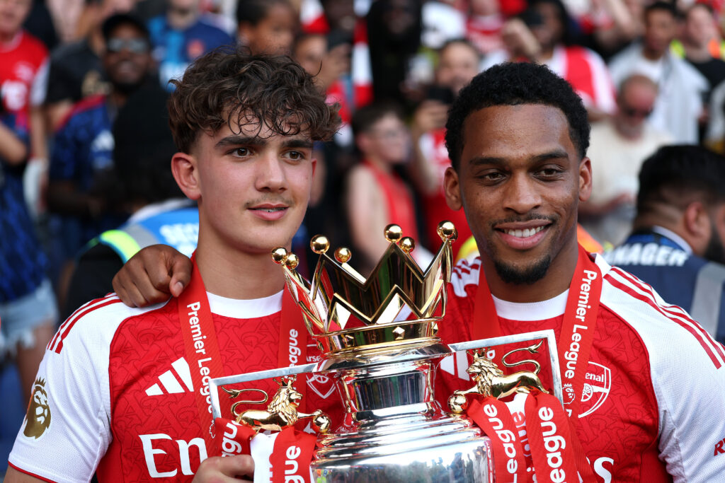 Arsenal youngster nominated for PFA Young Player of the Year 2 LONDON, ENGLAND - MAY 24: Max Dowman and Jurrien Timber of Arsenal pose for a photo with the Premier League Trophy after their team's victory in the Premier League match between Crystal Palace and Arsenal at Selhurst Park on May 24, 2026 in London, England. (Photo by Justin Setterfield/Getty Images)